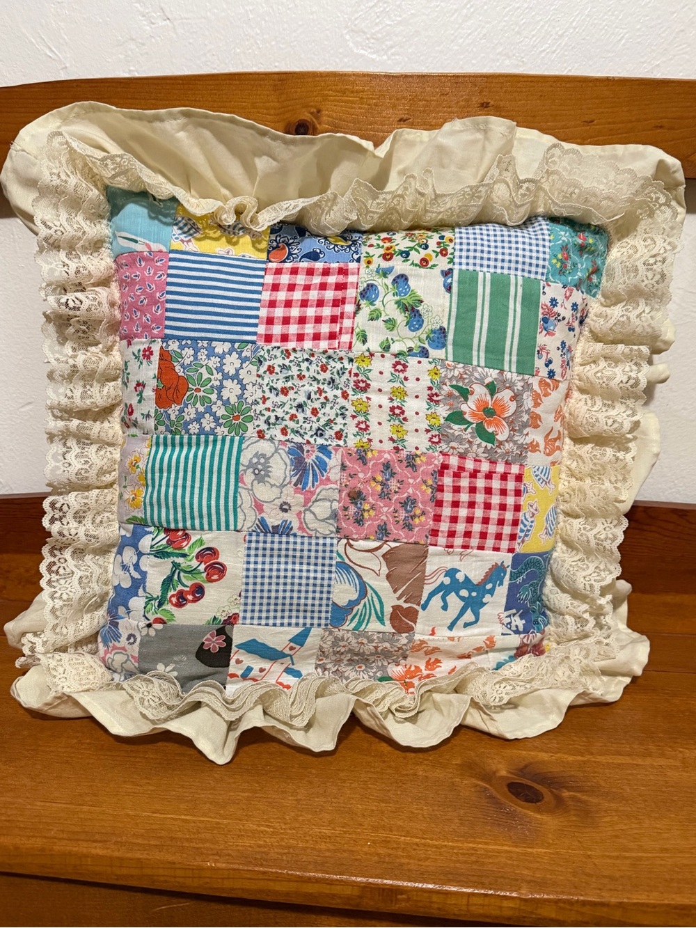 Vintage Patchwork Quilt Pillow Ruffle Lace Cottagecore Grandmacore